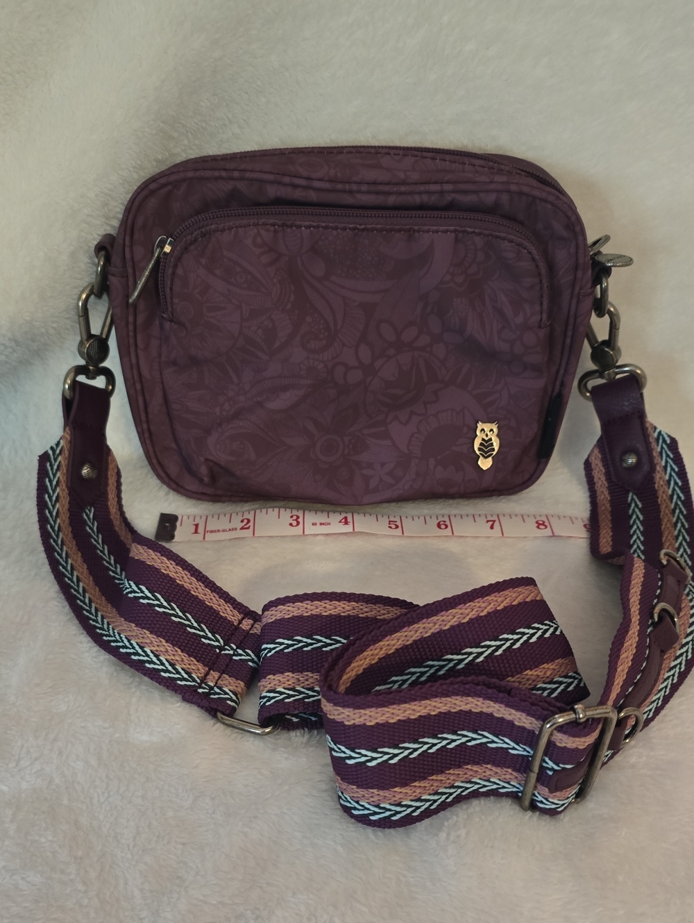 Purple Crossbody Shoulder Bag with Patterned Strap